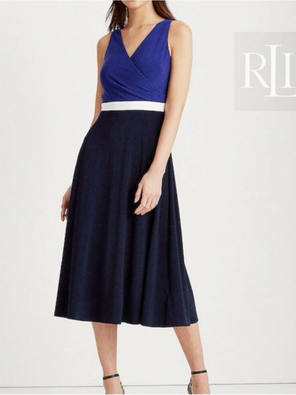 Lauren Ralph Lauren Women's Colorblock Sleeveless V Neck Jersey Midi Dress Sz 4